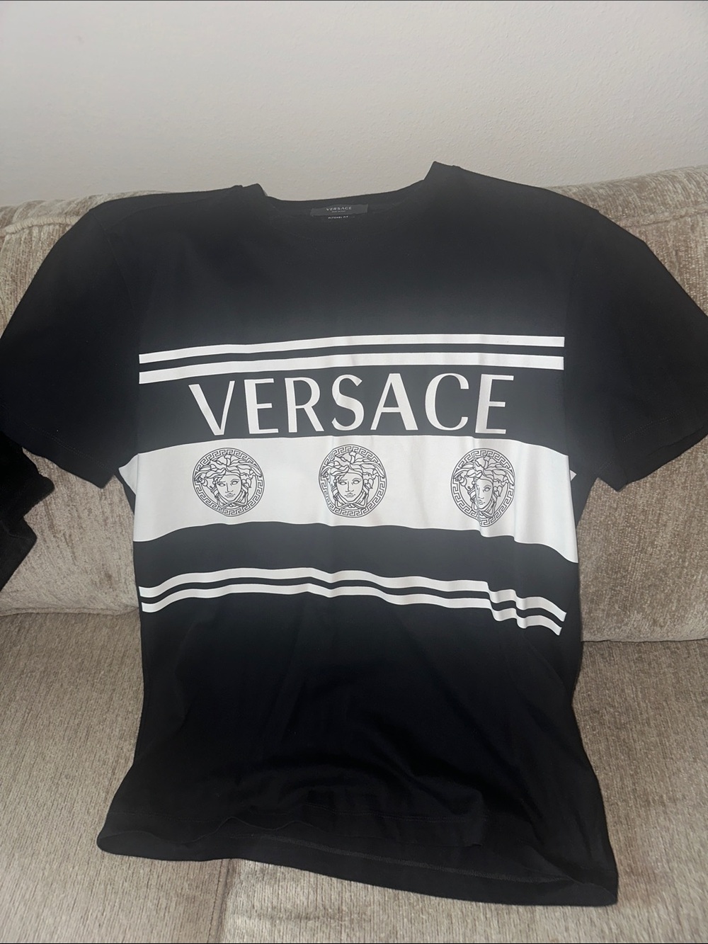 Versace Black and White Logo Stripe Short Sleeve Tee